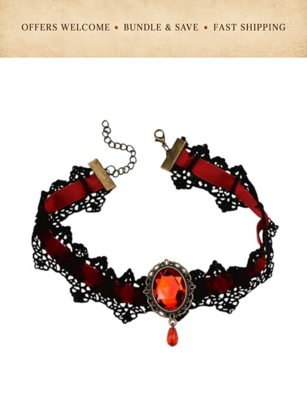 Goth Lace Choker Necklace Crystal Pendant Punk Gothic Jewelry